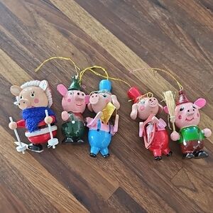 5 Vintage Christmas Pig ORNAMENTS music Sport Book Skiing Wooden 70s 80s Retro